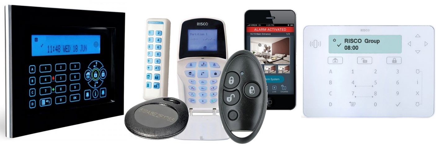 Priphriques de commande de l'alarme RISCO LightSYS : claviers, tlcommande, application smartphone, badge, ...